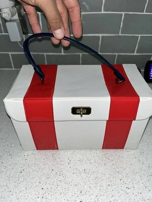 Red & White Striped Vinyl Travel Makeup Case Top Handle Mcm - Image 1 of 4