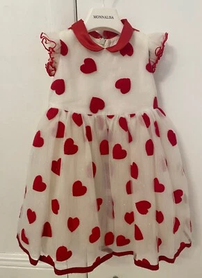 Monnalisa Heart Dress Special Edition Girls Size 3 White Sparkle with Red Hearts - Image 1 of 4