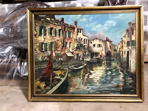 Dipinto ad olio impressionista vintage. Artista quotata Emma Reid. Scena di strada Venezia - Foto 1 di 6