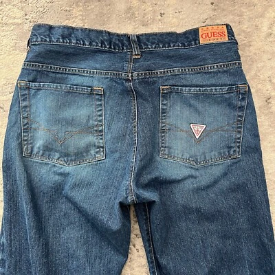 90s VTG GUESS Y2K Oversized Wide Leg Skater Jeans 34x28 Crop Made Baggy 00s Blue - Image 1 of 4