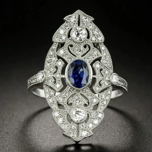 Anillo de compromiso de diamantes y zafiros estilo Art Deco creado en laboratorio de oro blanco de 14 K FN - Imagen 1 de 7