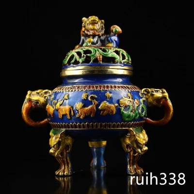 Queimador de incenso antigo porcelana cobre puro cloisonne 5,6" - Imagem 1 de 4