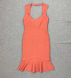 Abito fasciato Herve Leger XLarge corallo arancione dolcevita svasato bodycon ritaglio - Foto 1 di 10