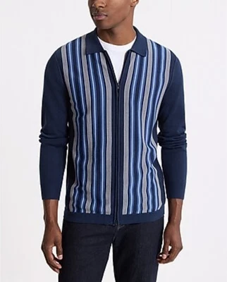Express Size S Full Zip Cardigan  Sweater Blue Striped Polo Collar Mod Retro EUC - Image 1 of 4