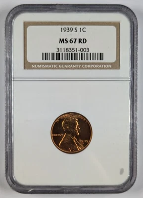 1939 S Lincoln Wheat Cent NGC MS 67 RD - Image 1 of 3
