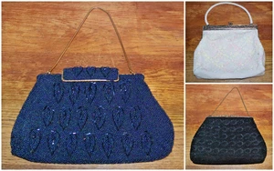 Vintage Beaded Purse/Bag LOT | x3 Navy White Black Bead Pattern Flapper Handbag - Picture 1 of 17