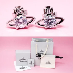 Vivienne Westwood Earrings Silver Plated Orb Studs White Crystal & Gift Box Set - Picture 1 of 10