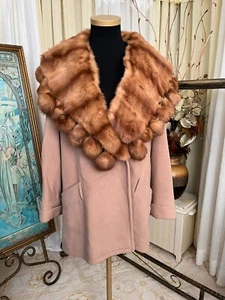 Clips Italy Camel Nude Coloured Swing Coat with Mink Fur Shawl Collar Large - Picture 1 of 16
