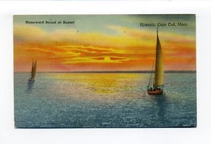 Postal de Hyannis MA 1940, veleros, Homeward Bound at Sunset, hermosos colores - Imagen 1 de 2