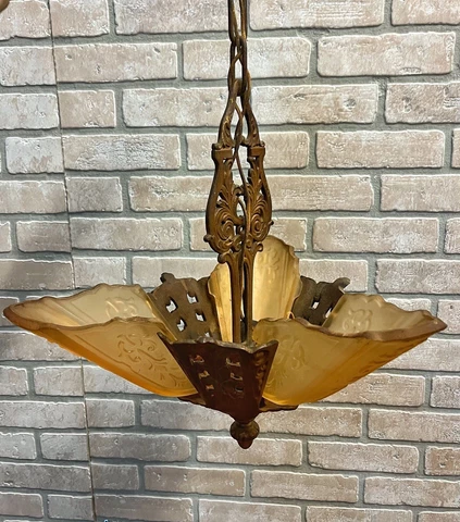 Vintage 1930s Moe Bridges Three Slip Shade Hanging Light Fixture Chandelier Deco Cover