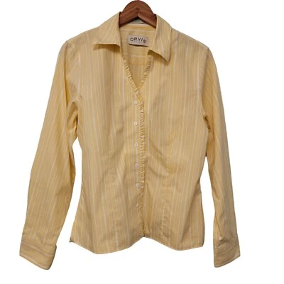 Camisa Orvis Abotonada Cuello en V Amarillo Rayas Algodón Sin Arrugas Mujer 12 Usada en Excelente Condición  Foto 1 de 4