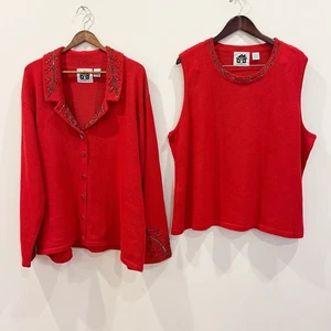 Storybook Knits Cardigan Tank Set 3X Red Holiday Christmas Beaded 2 Pc Novelty - Picture 1 of 19