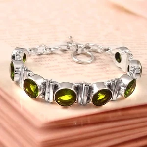 925 Sterling Silver Rose Cut Green Peridot Gemstone Jewelry Chain Bracelet - Picture 1 of 3