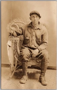 Vintage FISHING Photo RPPC Postcard Fisherman w/ Fish / Studio Portrait c1930s - Picture 1 of 2