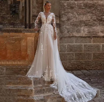 Bride Wedding Dress Customized Long Sleeves V Neck See Through Lace Applique - Image 1 of 4