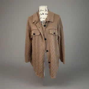 Oversized Knit Shacket Button Down Collared Top Pockets Tan Medium - Picture 1 of 6