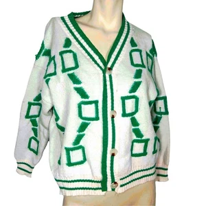 Daisy Cardigan Sweater Womens M Vtg Green White Geometric Thick Knit 90s Retro - Picture 1 of 7