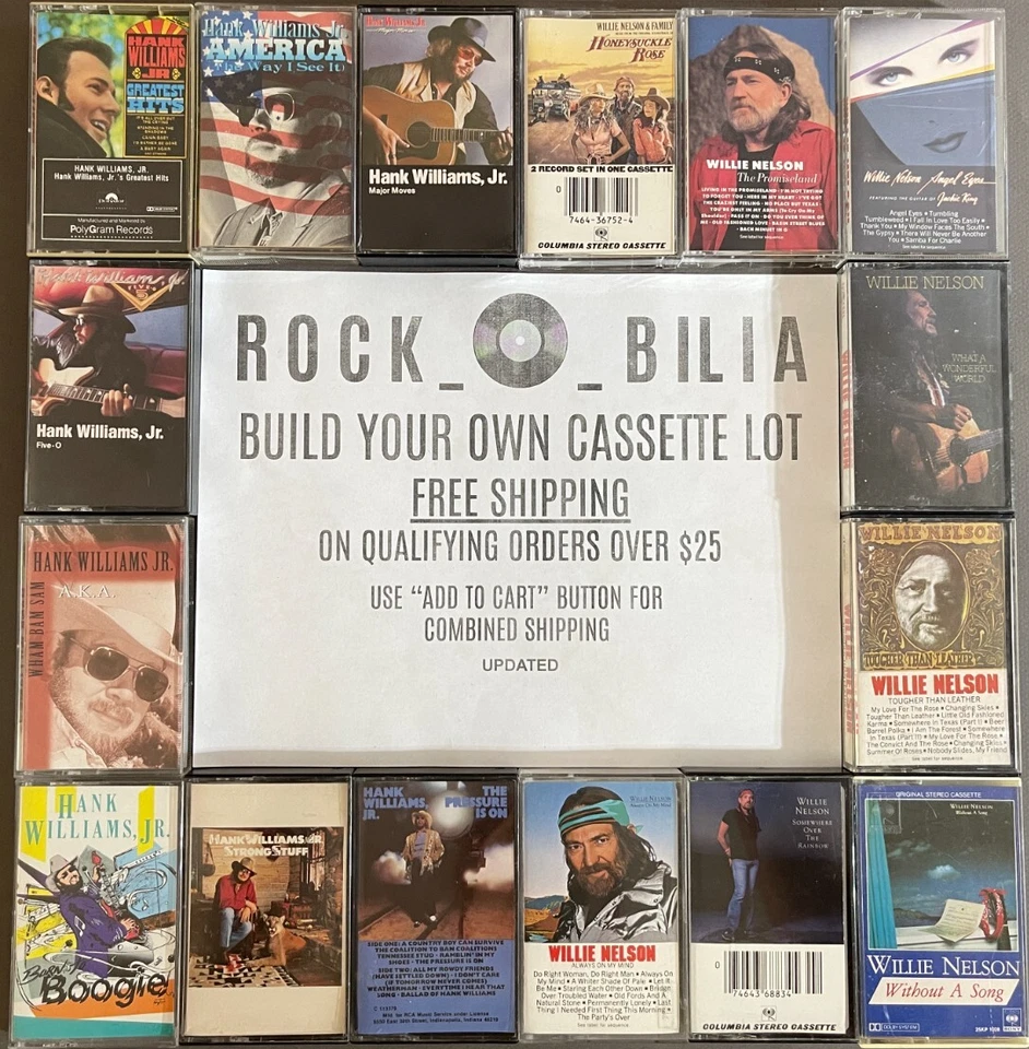 $1 - $5 EACH WILLIE NELSON & HANK WILLIAMS JR CASSETTE TAPES BUILD YOUR OWN LOT - Image 1 of 1