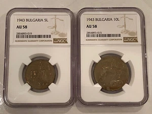 Bulgaria 2 Coins Set - 1943 5 LEVA & 10 LEVA NGC AU58 - Picture 1 of 2