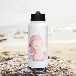Edelstahl Wasserflasche Trinkflasche Strohhalmdeckel 950 ml Unicorn Einhorn - Picture 1 of 4