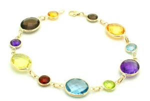 14K Yellow Gold Fancy Cut Oval and Round Multi-Color Gemstones Bracelet 8 Inches - Picture 1 of 3