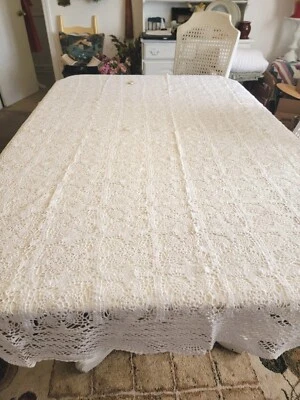 MCM VTG White Handmade Crocheted Oblong Tablecloth 100% Cotton 70"x90" Bedcover - Image 1 of 4