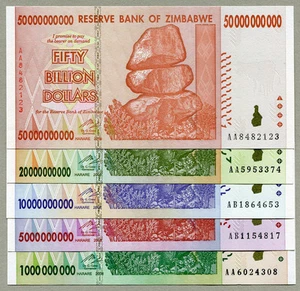 Zimbabwe 50 20 10 5 1 Billion Dollars banknotes 2008 full set UNC currency bills - Picture 1 of 6