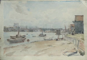 Acuarela David Thomson Muirhead (1867-1930). Vista al río Tidal, puente, castillo - Imagen 1 de 3