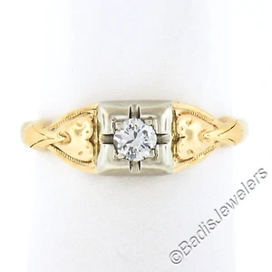 Antique Art Deco 14k TT Gold .11ct Old Cut Diamond Solitaire Detailed Sides Ring - Picture 1 of 7