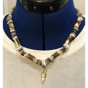 Vintage Shell Wood Stone Tooth Necklace Brown Beige Natural Beachy Hippy Surfer - Picture 1 of 9