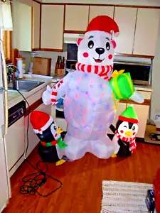 6' POLAR BEAR WITH PEGUINS MULTI LIGHTED NEW - Picture 1 of 2