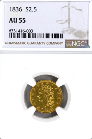 1836 $2.50 Block 8 AU55 NGC Cover