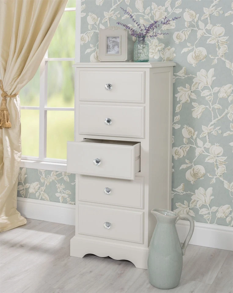 Romance Tallboy. White narrow chest with 5 drawers and crystal handles.ASSEMBLED - Image 1 of 1