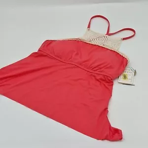 Lucky Brand Tankini Top Womens D-Cup Crochet Lace High Neck Swim Coral - Picture 1 of 8