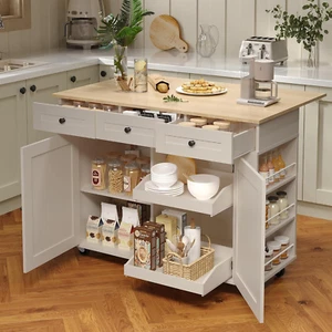 Rolling Kitchen Island Cart with Power Outlet & Drop Leaf, Kitchen Storage Cabin - Picture 1 of 7