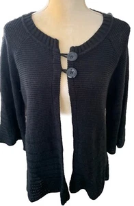Denim&Co Knit Cardigan Sweater S Black 2 Buttons Open Front 3/4 Bell Sl VTG USA - Picture 1 of 7