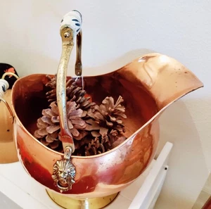 LRG Vintage Kupfer & Messing Kohle Asche Schaufel Kamin Eimer Delfter Griffe Löwe EUC - Bild 1 von 7