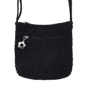Vintage Y2K Xhilaration schwarz gewebt gehäkelt Mini Tasche Handtasche Blume Anhänger Reißverschluss - Bild 1 von 8