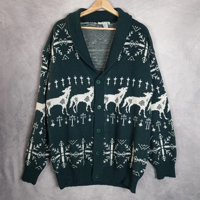 Cardigã masculino vintage suéter acrílico grande alto xale verde Wolf Fair Isle - Imagem 1 de 4
