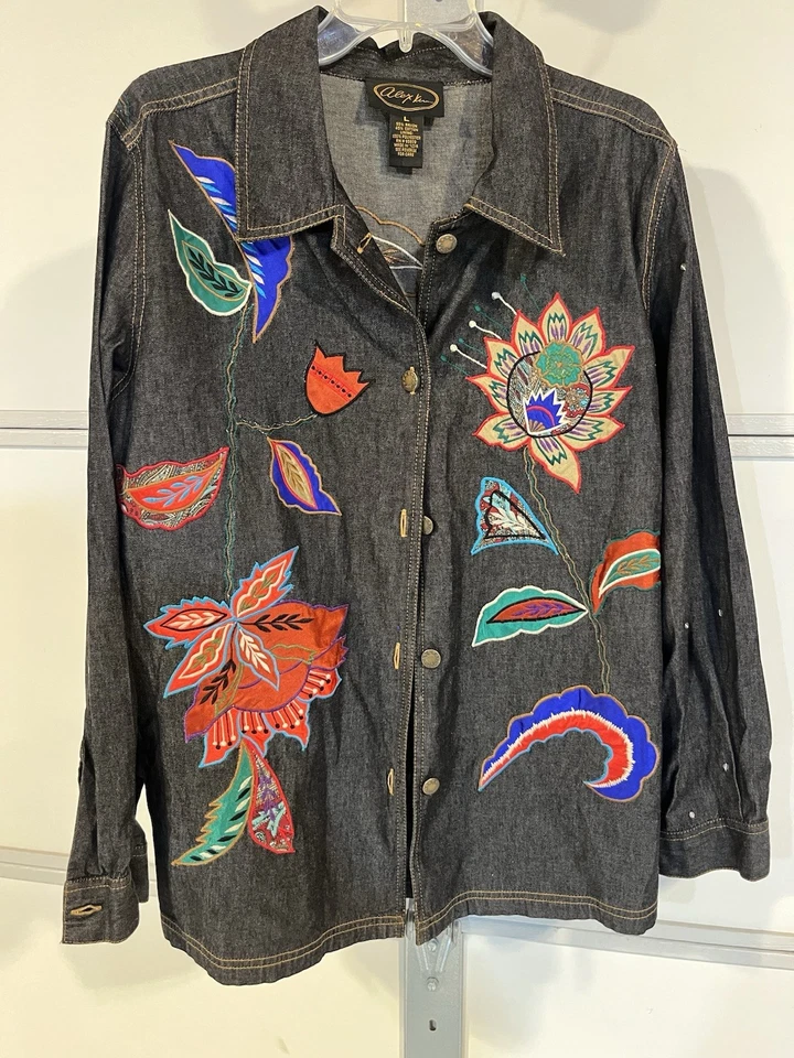 Alex Kim Vintage Denim Shirt Jacket Y2K Artsy Embroidered; Size Large - Image 1 of 4