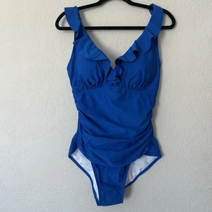 Traje de baño de una pieza DKNY con volantes con aros control abdominal lapislázuli 12/L nuevo - Imagen 1 de 5