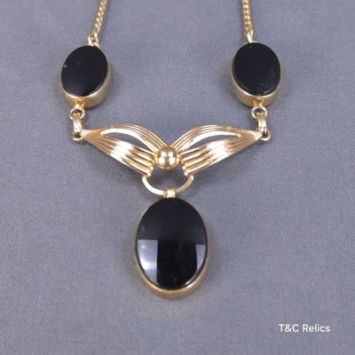 Vintage Van Dell 1/20 Oro 12k Relleno Ónix Collar Babero 3 Colgantes Ovalados 16"L Foto 1 de 4