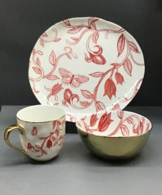 Red Butterfly 3-Piece Place Setting, Fine Stoneware with Gold Finished - Image 1 of 4