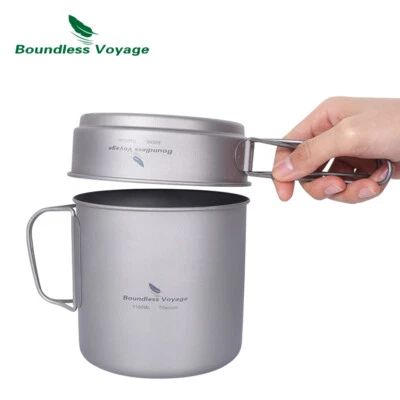 Titanium Pot Pan Outdoor Camping 1100ml Cup 300ml Dish Lightweight Cookware Set - Image 1 of 4