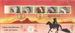 #2501-5- FDC - Indian Headdresses- strip of 5- Pugh Hand-Painted- AFDCS Chap 56 - Picture 1 of 2
