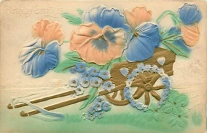 Blumen in einer Schubkarre handbemalt geprägte Postkarte - Bild 1 von 2