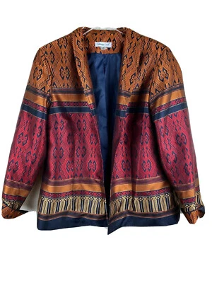 Chaqueta Coldwater Creek Talla 16 Rojo Dorado Negro Estampado Jacquard Satén Frente Abierto Foto 1 de 4
