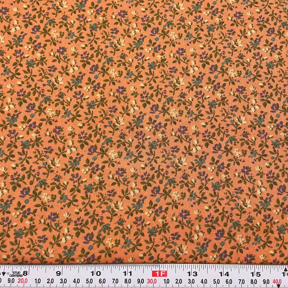 Teal & Purple Florals on Coral David Textiles Cotton Fabric by the HALF YARD - Image 1 of 2