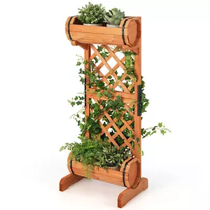 2-Tier Raised Planter Garden Wooden Bed w/ 2 Cylindrical Planter Boxes - Picture 1 of 10