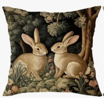 William Morris Abstract Floral Bunny Design Linen Throw Pillow Cover Home Decor - Image 1 of 4